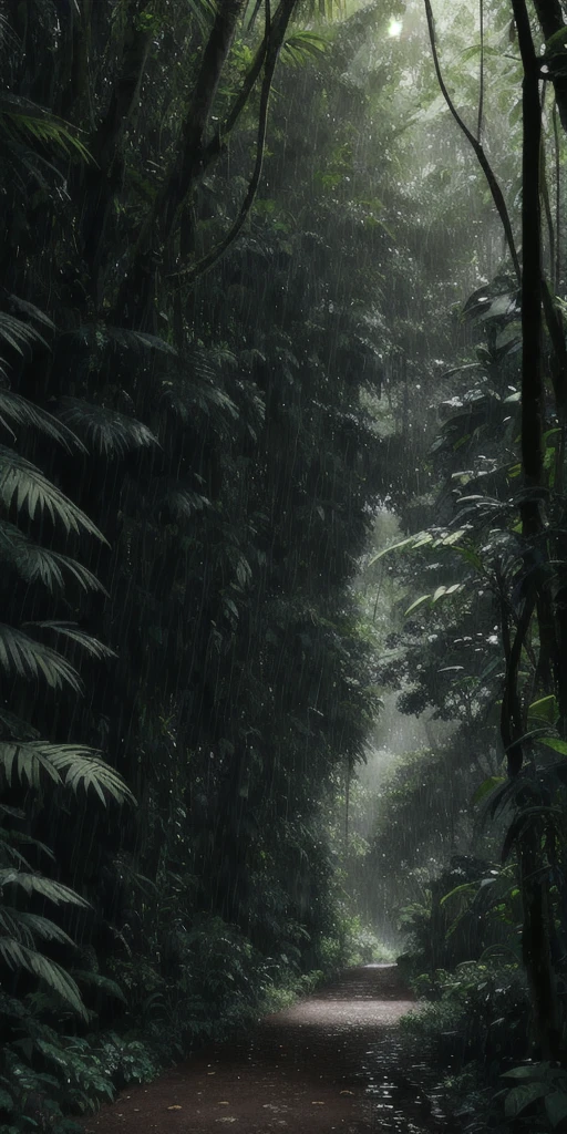 A jungle, with intense rainfall, monochromatic, vines all around, giant and wet trees, masterpiece, best quality, high quality, extremely detailed CG unity 8k wallpaper, oil paiting, award winning photography, Bokeh, Depth of Field, HDR, bloom, Chromatic Aberration ,Photorealistic,extremely detailed, trending on artstation, trending on CGsociety, Intricate, High Detail, dramatic, art by midjourney, volumetric lighting