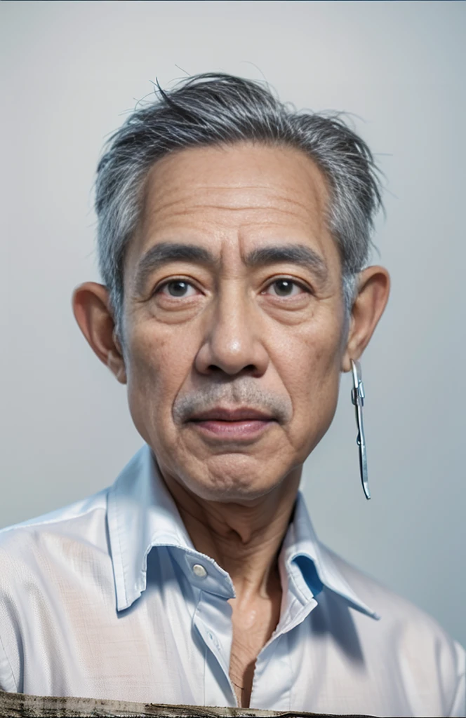 Highly realistic photo, ((masterpiece), (best quality), (raw photo), (photorealistic:1.4), Portrait of Vietnamese old man, 85 years old, ((gray hair)), ((white shirt)), ((light blue background)), photo taken by Sony A7IV
