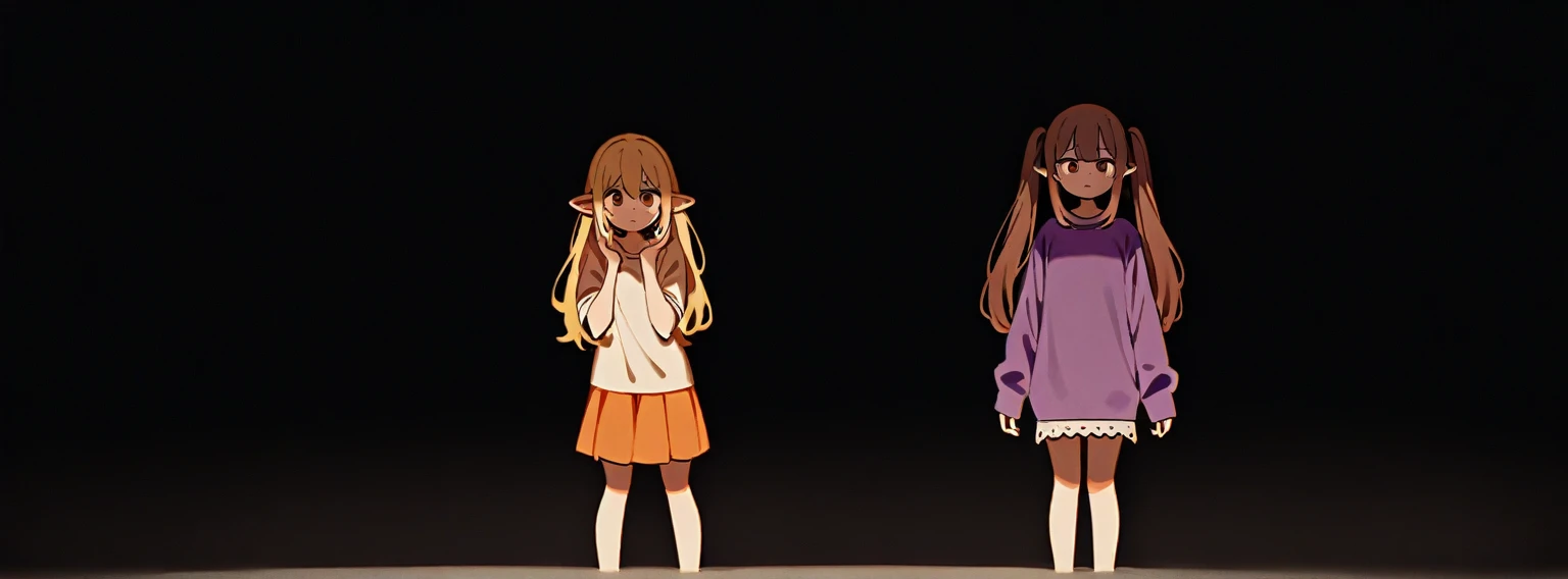 girl, Brown hair, two ponytails in hair, human ears, Brown eyes, White T-shirt, orange sundress, Black Belt, Short skirt, white lace at the end of the skirt, White background, full height, 2girl, blonde hair, Dark eyes, long hair, loose hair, purple sweatshirt, In the dark, fear,