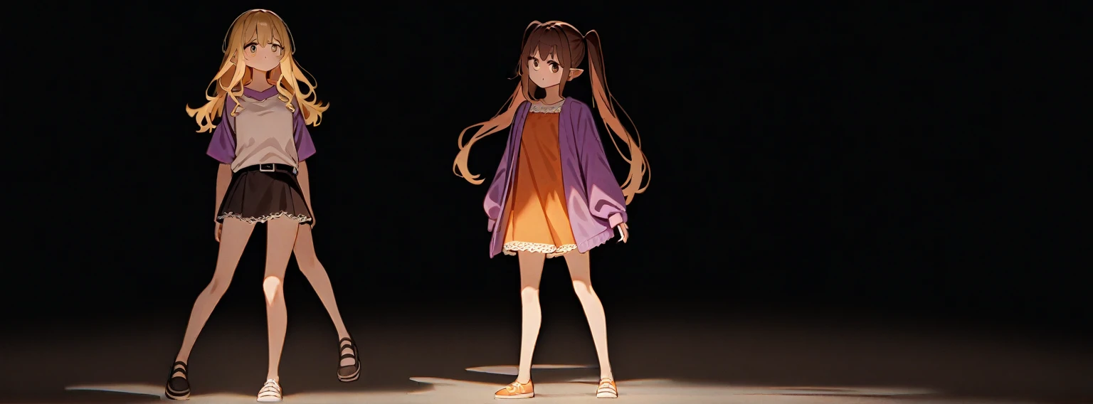 girl, Brown hair, two ponytails in hair, human ears, Brown eyes, White T-shirt, orange sundress, Black Belt, Short skirt, white lace at the end of the skirt, White background, full height, 2girl, blonde hair, Dark eyes, long hair, loose hair, purple sweatshirt, In the dark, fear,