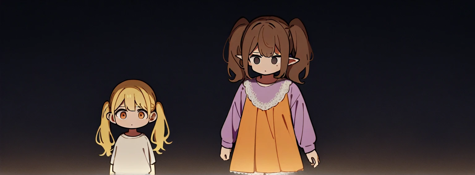 girl, Brown hair, two ponytails in hair, human ears, Brown eyes, White T-shirt, orange sundress, Black Belt, Short skirt, white lace at the end of the skirt, White background, full height, 2girl, blonde hair, Dark eyes, long hair, loose hair, purple sweatshirt, In the dark, fear,