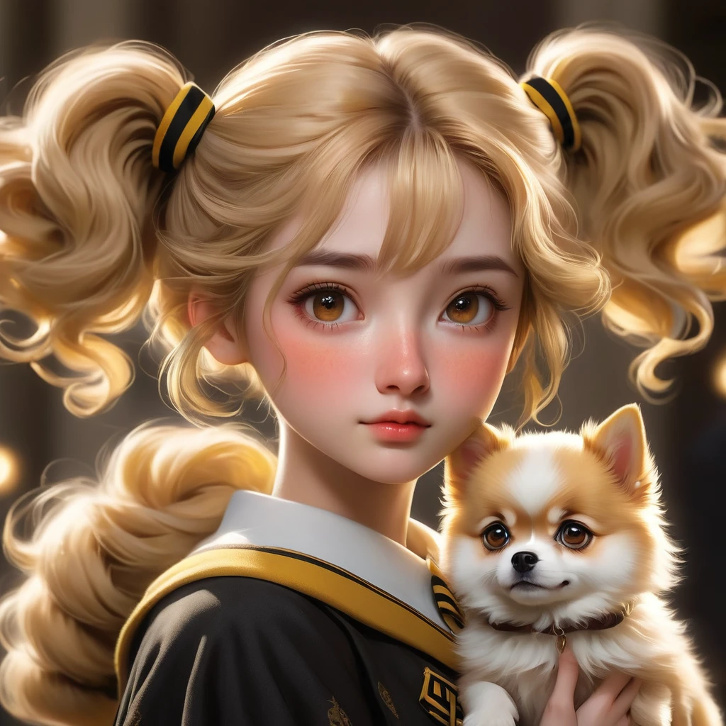 best quality, Masterpiece, Hogwarts students, Hufflepuff, Short hair with high twin tails., Short hair with golden blonde twin tails.., serious, Very stubborn, cute and bright, Freckles on the face, Along with her adorable Pomeranian puppy., brown eyes details, detailed face, Beautiful skin, soft light, mysterious, soft shadow, Fine texture, dynamic light,