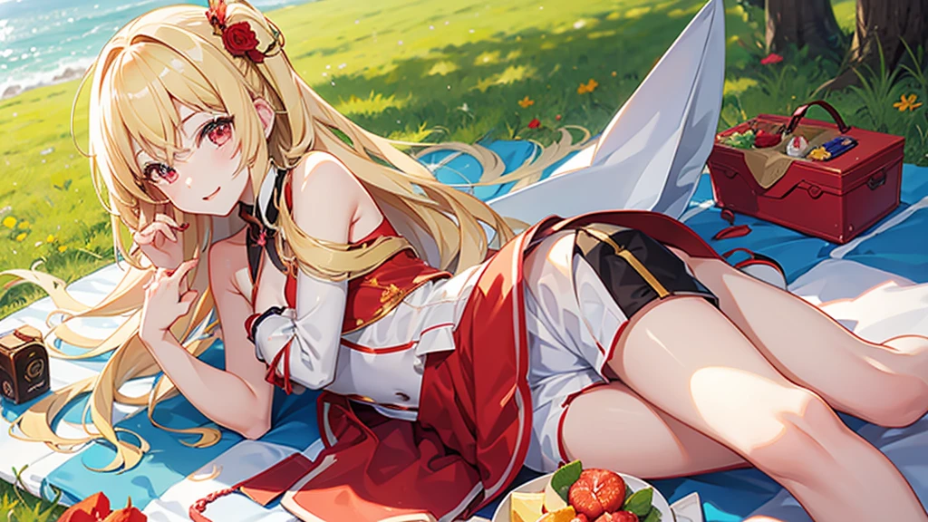 pretty girl, cute, happy, blonde hair, long hair, red eyes, summer, picnic, park