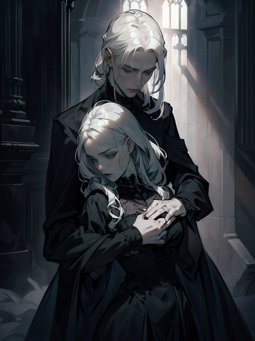 small parts, vampire theme, romantic atmosphere, elegant gothic style, pale skin, blood, gaze, Flowing Black Dress, unearthly beauty, Lunar background, soft lighting, dramatic shadows, passionate embrace, fine features, (cute fragile thin girl with white hair in a delicate dress hugs a tall adult serious man rocker) Gothic architecture, mysterious aura, bright colors, hauntingly beautiful, Mesmerizing composition. (Best quality, ultra detailed, Photorealistic:1.37), portraits. Cool color palette, atmospheric lighting.