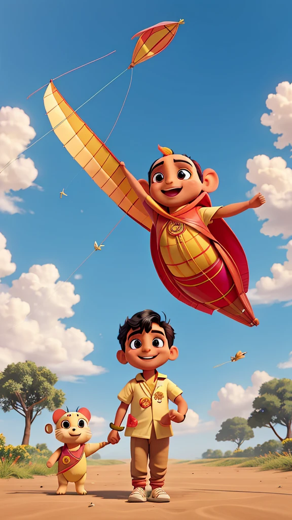 Raju releases the kite into the air, the kite flies high in the sky. Raju's eyes sparkle, and he claps in joy.