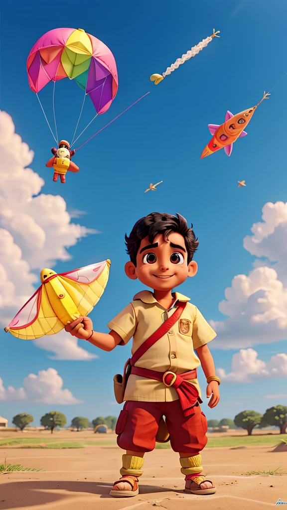 Raju releases the kite into the air, the kite flies high in the sky. Raju's eyes sparkle, and he claps in joy.