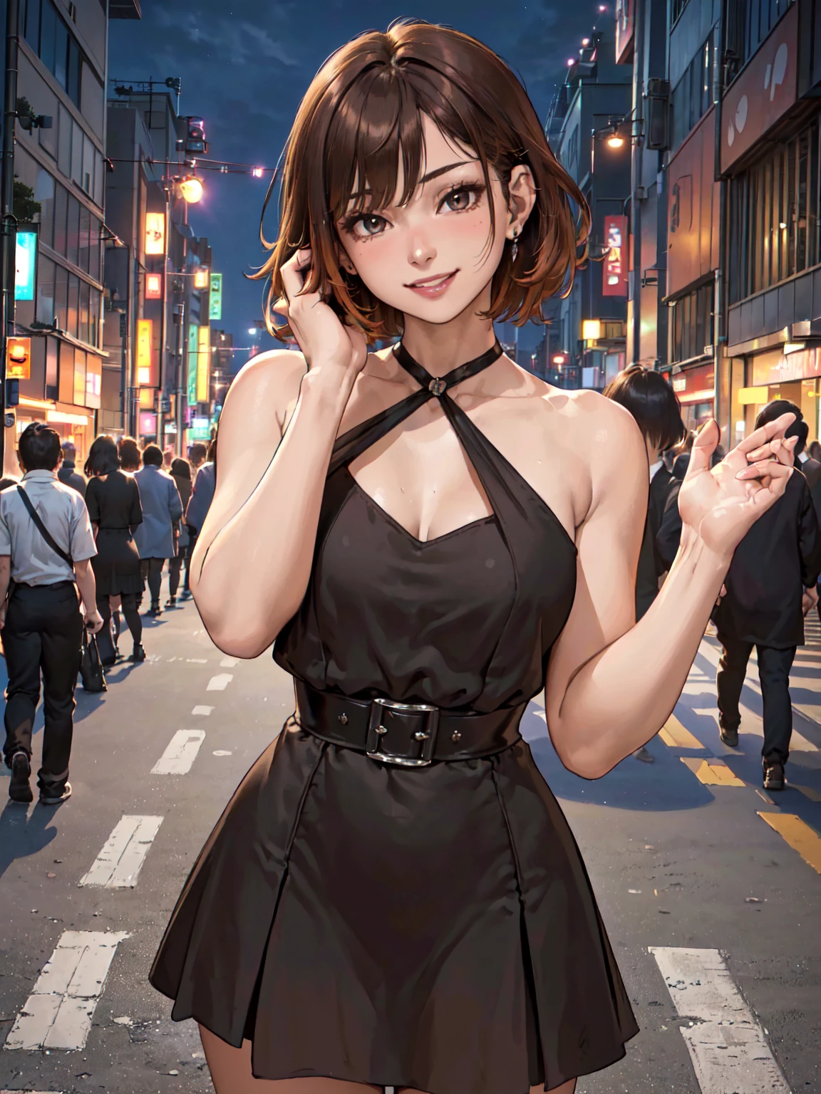 ((4K, UHD, Top Quality, Masterpiece: 1.2), (Realistic, Photorealistic: 1.37), Ultra Detail, (Tokyo, Busy Street, Nighttime: 1.2), scenery, Professional Lighting, Photon Mapping, Radiosity, Physically Based Rendering, Masterpiece, Rich Detail, (Fine Face), (Fine Eyes), (Clear Face), (Detailed Face Description), (Detailed Hand Description), ( masterpiece), realistic, extreme light and shadow, shiny skin, shiny hair, one girl, 18 years old, Japan, crowd, surrounded by crowd, cute, (smile, happy:1.3), (gradient brown hair, short hair, bangs:1.2), small tall, (slender:1.2), double, disheveled hair, fine clavicle, clavicle, (dynamic pose, full shot: 1.3), (black dress, night dress: 1.2), face focus, night time,