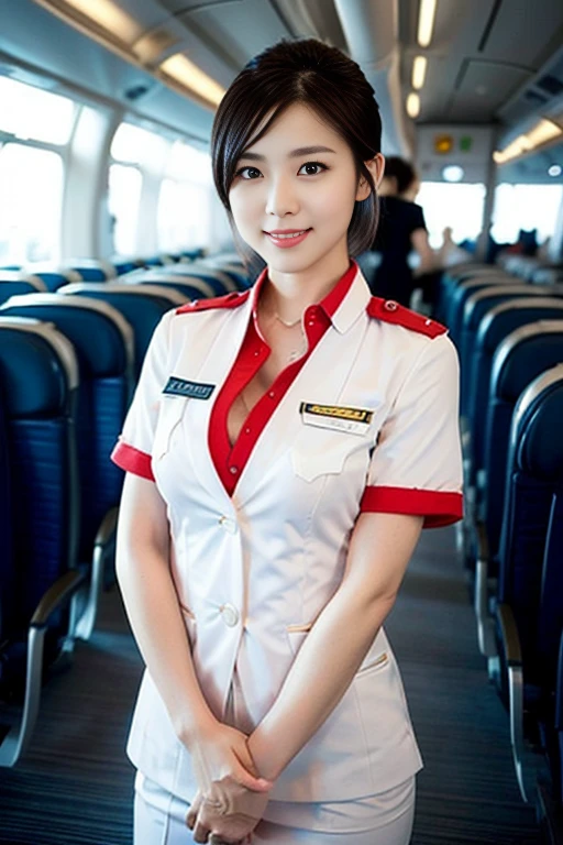 a gorgeous lady, age 21, Flight Attendant uniform, Shenzhen Airlines Stewardess, natural pose in empty airport, dimpled smile, short ponytail hair, short bob hair, cute snaggleteeth, well-endowed round bosom, photorealistic, beautiful detailed eyes, beautiful detailed face, hyper-realism, high contrast, ultra HD, realistic skin textures, top image quality, top-quality, super high resolution, fine details, very meticulously, head to knees, face focus, dark bokeh night background