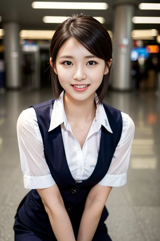 a gorgeous lady, age 21, Flight Attendant uniform, Shenzhen Airlines Stewardess, natural pose in empty airport, dimpled smile, short ponytail hair, short bob hair, cute snaggleteeth, well-endowed round bosom, photorealistic, beautiful detailed eyes, beautiful detailed face, hyper-realism, high contrast, ultra HD, realistic skin textures, top image quality, top-quality, super high resolution, fine details, very meticulously, head to knees, face focus, dark bokeh night background