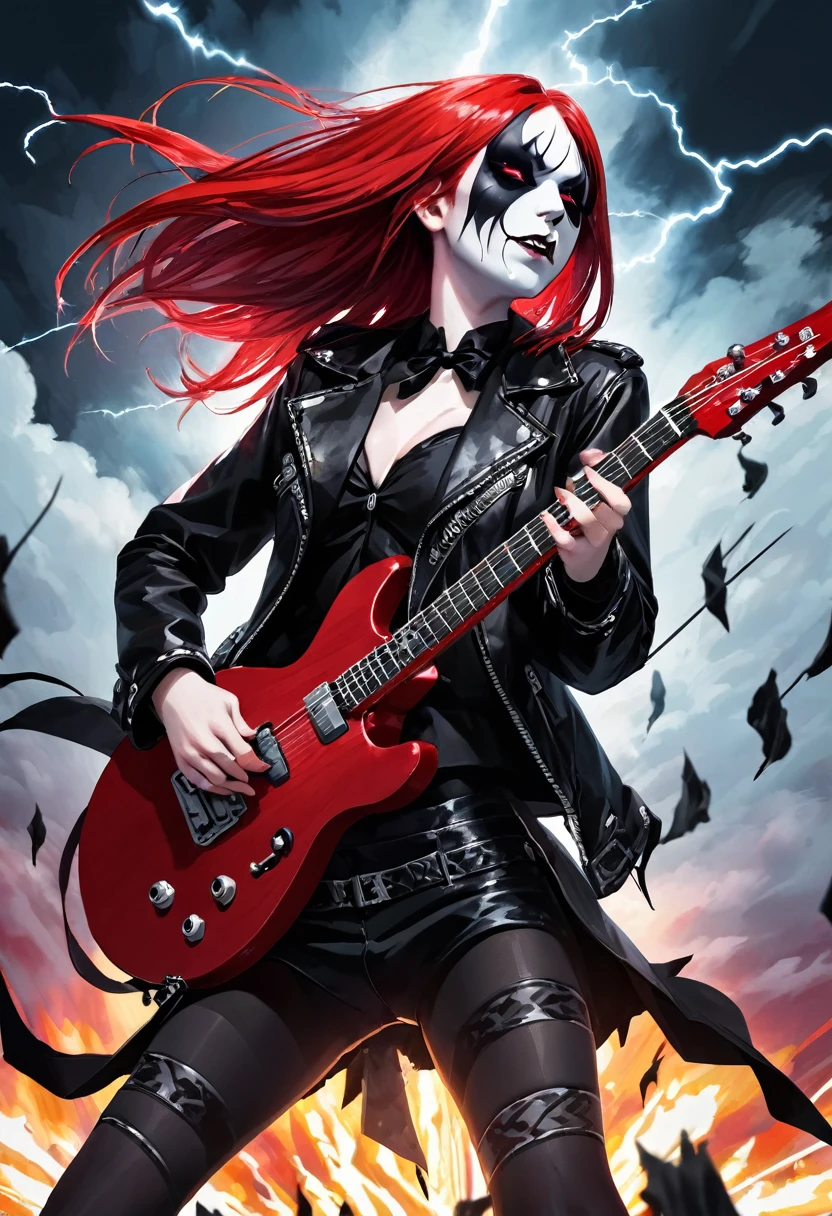 Black Metal girl, pale face, Black Metal make up, corpse paint face, red hair shoulder length, leather jacket, riding on a guitar in sky, electricity effects around her,  movement blur