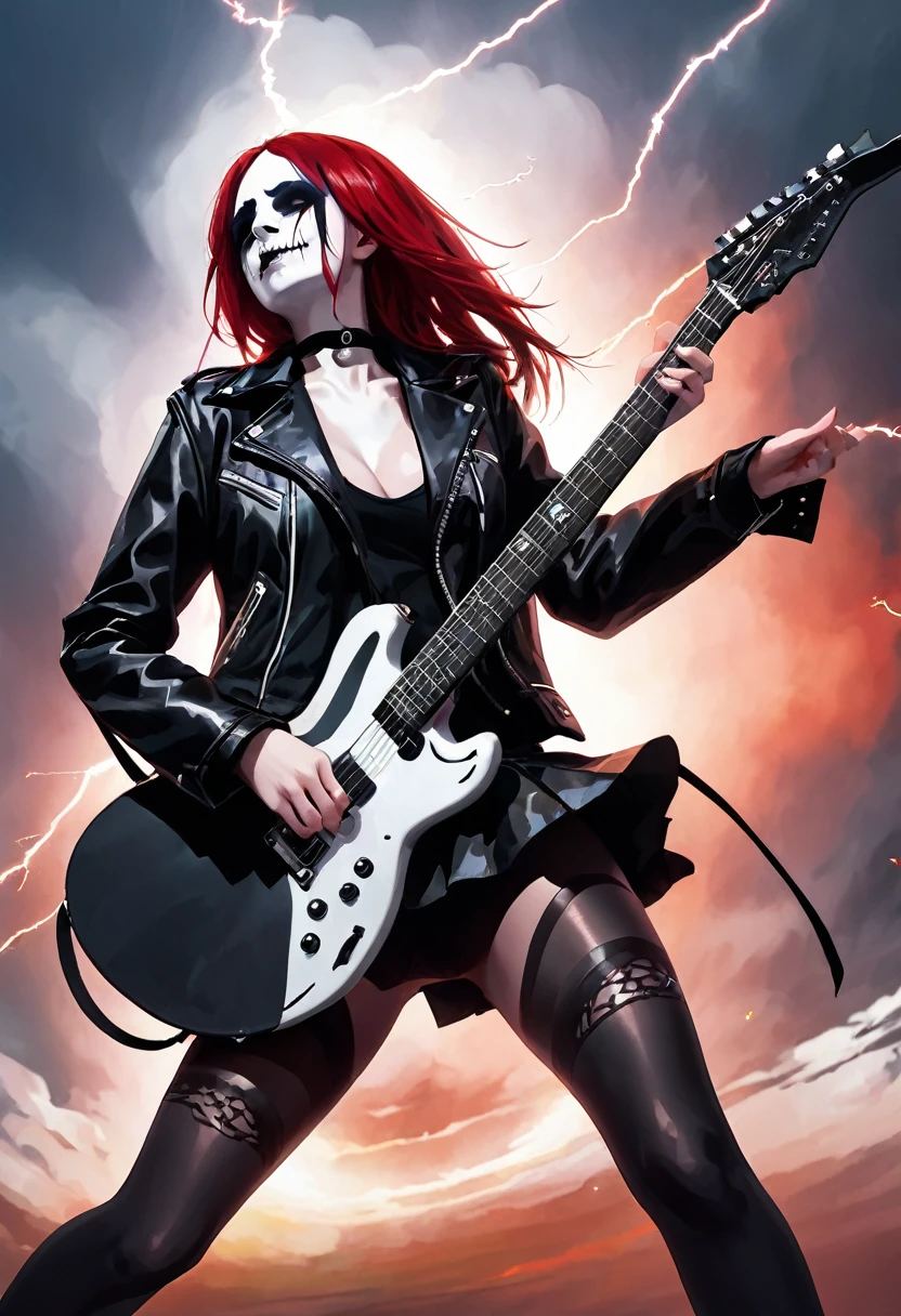 Black Metal girl, pale face, Black Metal make up, corpse paint face, red hair shoulder length, leather jacket, riding on a guitar in sky, electricity effects around her, movement blur