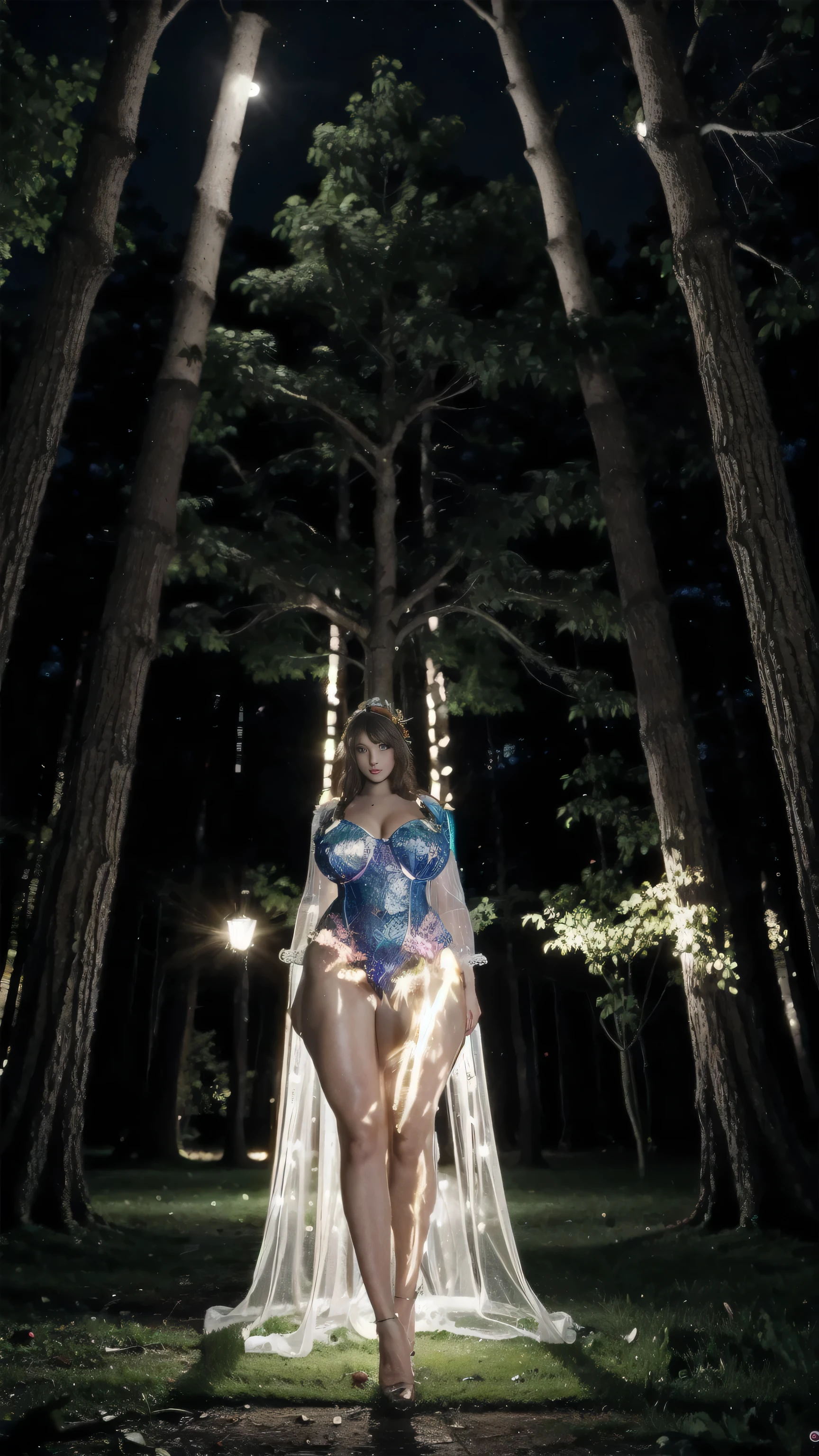 Big woman inside the tree at night setting there she looks like fairy tale wearing glowing effect clothes full body view