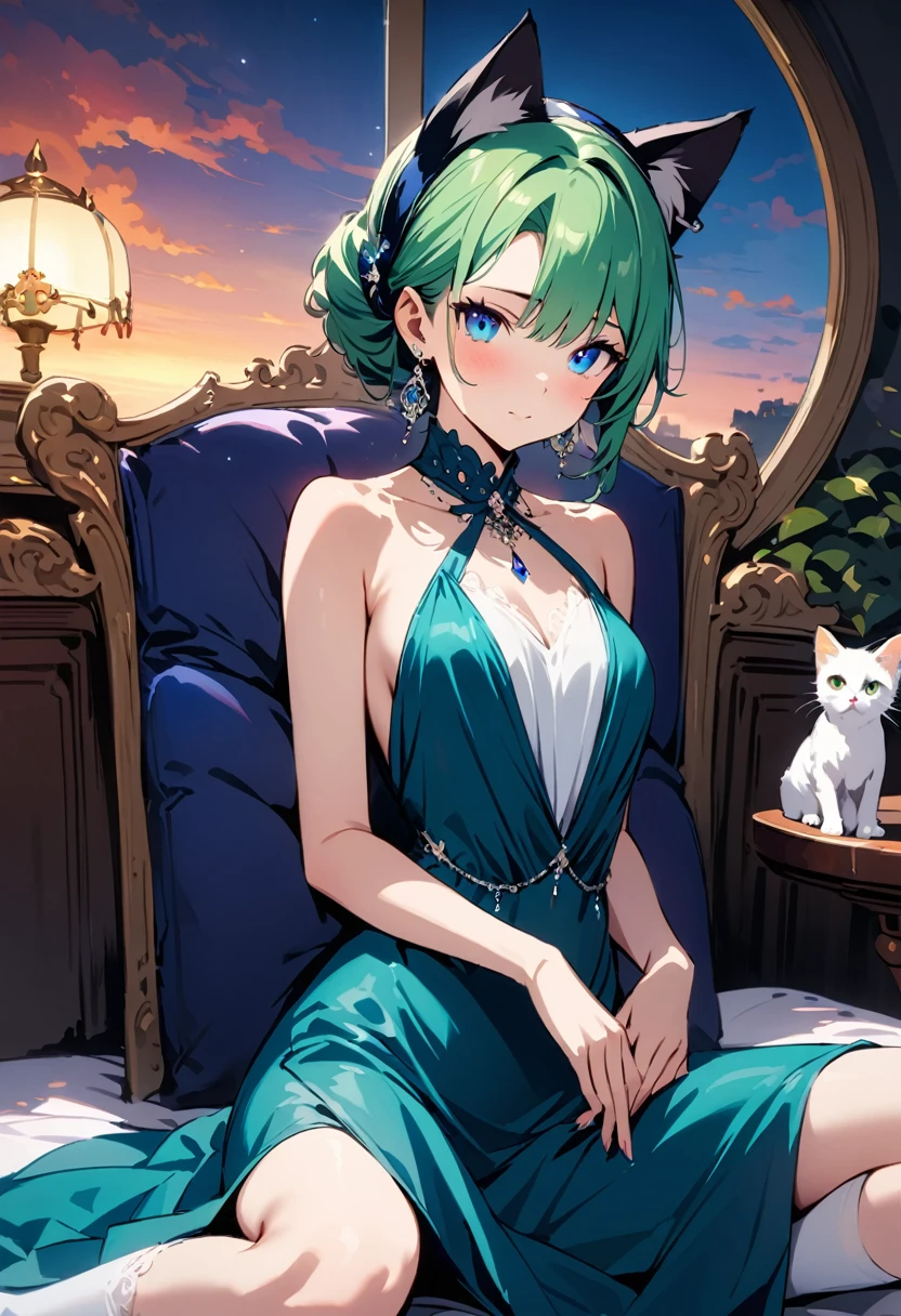 masterpiece, Highest quality, Illustrations for novels, High resolution, 18+ Adult content, Sensual, Intimate, Emotional, Passionate, romantic, sweet, Adorable, Innocent, Pure, Enchanting, Enchantingな, attractive, mysterious, Enchantingな, Enchanting, Immersive, Enchantingな, dream-like, Surreal, Imaginative, Whimsical, Artistic, Avant-garde, timeless, elegant, Sophisticated, chic, Sophisticated, Individuality, original, Enchantingな,One girl,Deltamon_beta, alone, blue eyes, Knee socks, Animal ears, Bare shoulders, Blue Tail, Earrings,Removable sleeves, Green Hair, No sleeve, Cat ear, bag, white Knee socks, Cat's Tail,pink backpack,Pink school bag,Lavender lace: Lavender Peter Pan collar lace dress, Paired with ivory tights and Mary Jane shoes.,Cherry-blossom viewing, azalea, satsuki, azalea blizzard,
rest ((Avoidance method ((kitten)), Crying face)),((Evening Dress,evening dress,Evening Dresses:1.3))