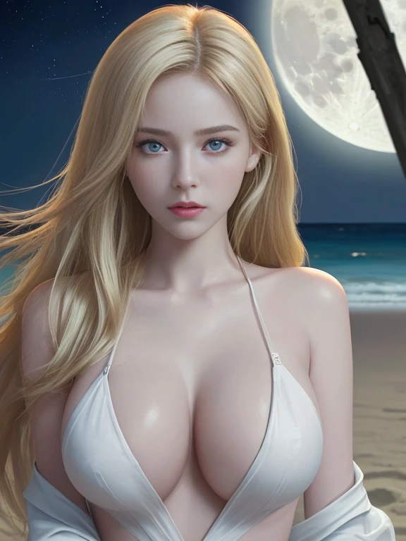 (One Girl),masterpiece, highest quality, (alone focus), (Perfect Face:1.1), (High detail:1.1), (Ultra-detailed eyes), dramatic, 1 person, (Pale skin), Long Blonde Hair, Psychic Eyes, (Thin eyebrows), alone, Long Hair, Jordan Barrett, moon, night, White luxury suit, Covered nave, Pouting, fur, Proud look, Beach, Detailed Background, Art by artgerm, Cinema Lighting, rose, fashion, Balenciaga Style, Big firm bouncing Breasts