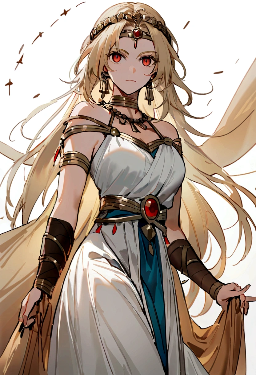 (Huang Li、high quality、Extremely detailed),Constellation - Goddess Leo,Lion on the side,Similar to Latin goodness,brave,capricious,Productivity,The face of enterprising and humanitarianism,Blonde hair,Ancient Greek costumes、Wrap Dress,The background is the ocean,Crystal red eyes(Eyes Details),Powerful appearance