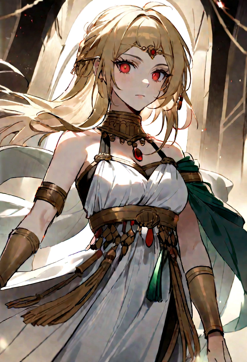 (Huang Li、high quality、Extremely detailed),Constellation - Goddess Leo,Lion on the side,Similar to Latin goodness,brave,capricious,Productivity,The face of enterprising and humanitarianism,Blonde hair,Ancient Greek costumes、Wrap Dress,The background is the ocean,Crystal red eyes(Eyes Details),Powerful appearance