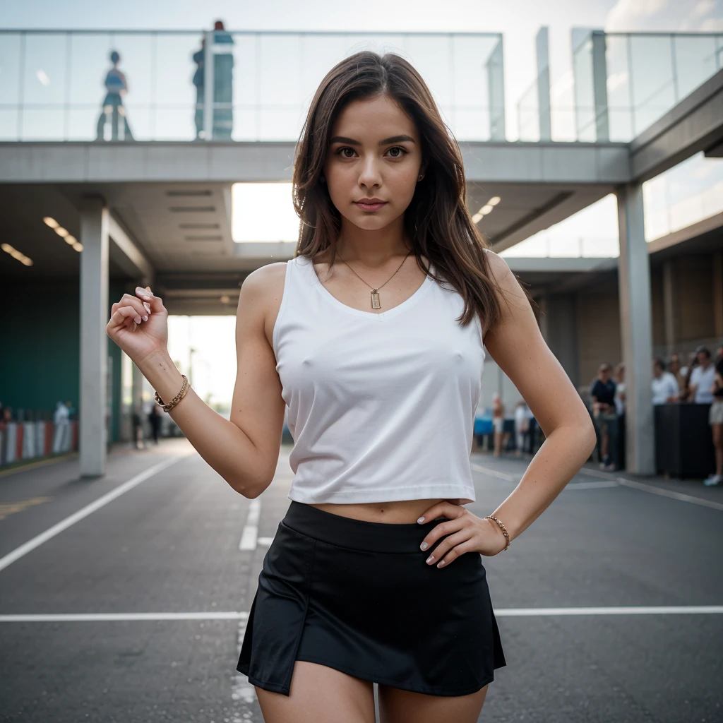 1girl in, 30 years old, Square face, Long hair, Looking at viewer, jewelry, Reality, Sexy, Short skirt outfit, , sports background, free pose