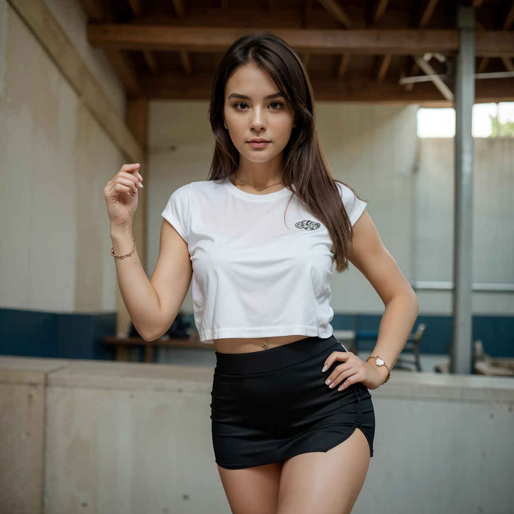 1girl in, 30 years old, Square face, Long hair, Looking at viewer, jewelry, Reality, Sexy, Short skirt outfit, , sports background, free pose