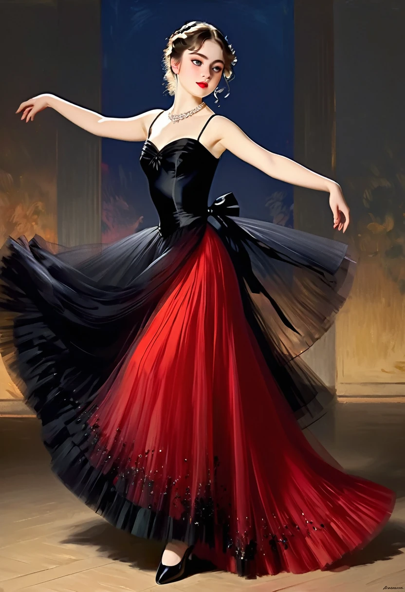 ((full body, an attractive girl with an beautyful eyes)) , red-black satinand tule Evening Dress, dancing raut time,
((Edouard Manet style)),((painting)), two-color lighting, Scuff gradient, Complex details, intricate, aesthetics, ((best quality, Masterpiece)),
((Highest detail)), Octane render, hd, f/2.8, 8K