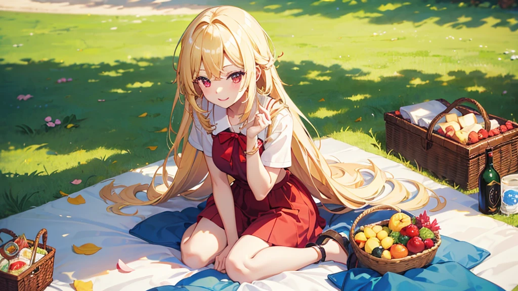 pretty girl, cute, happy, blonde hair, long hair, red eyes, summer, picnic, park