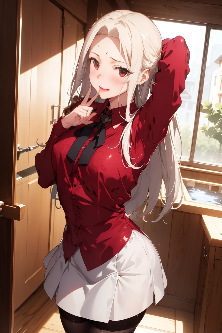 masterpiece, Highest quality, Absurd, Perfect Anatomy, One girl, alone, Irisviel von Einzbern, Long Hair, Red Shirt, Dress shirt, White Skirt, pantyhose, Are standing, smile, indoor, Put your arms behind your back、.Provocative.Browsing Caution underboob,Browsing Caution breasts,Browsing Caution,Sticking out tongue, climax,,Provocative facial expressions,Blushing and dripping sweat, thin,climax,Trembling Girl,,thin脚,,Light grip gesture,Provocativeなジェスチャー,Wet,climax、Putting male genitalia on face、Woman's evil look,,sexy、Open-air bath in the background, Very detailedな, Vibrant appearance, Creative Action, Very detailed, Have a rich imagination, , Voluntary, Highest quality, Skin Texture, Intricate details, (Cinema Lighting), RAW Photos, 8k, masterpiece,Highest quality,Very detailed,Very detailed illustrations,Very detailedな,Intricate details,High resolution,超Intricate details,Very detailedな 8k cg wallpaper,、Hearts around the face、Pale pink nippleouth pulling strings、Small and firm ass、Upturned nipples、Expose、White skin、Red Eyes、Rocket 、Big Breasts、Provocative表情、Facing forward、Spread your arms、Big Tits
