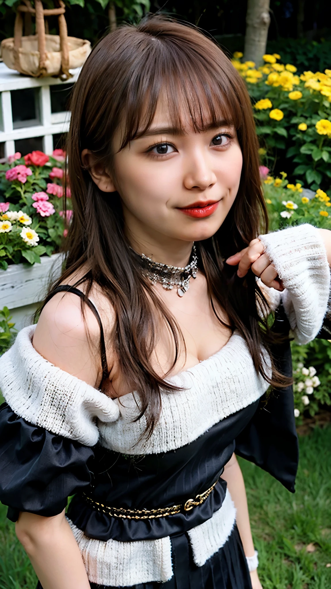 (8k、RAW Photos、highest quality、masterpiece:1.2)、(Realistic、Realistic)、1 girl、((mini skirt、Big Breasts、Pink and black、Cape、Frills、Off the shoulder、See through、boots、Arm Covers、ribbon、smile、garden、View from the front、smile、Standing with hands on hips))、a girl, tall, height 1.7meters, chubby 70kg,