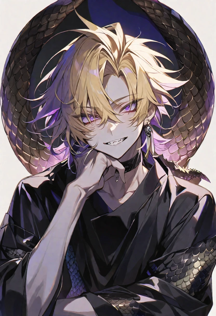 solo, handsome,
1. male,
hair between eyes,Straight Hair,short Hair,
blonde hair,
Gojo Satoru,
purple Eyes,Soft look,beautiful,Sexy,Darkness,Lots of silver earrings,choker,龍skin,
Dragon Scale,,Jagged teeth,Cheek resting on hand,
Black long sleeve,Black Outerwear,Cross Necklace,
black background,