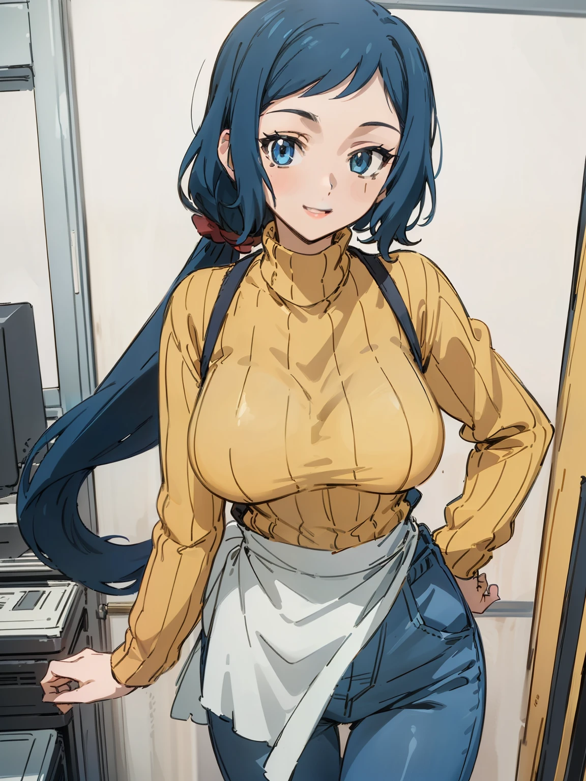 (Masterpiece), Best Quality, ultra-detailed, 1girl (rinko_iori,  Slender and sexy body, big and  pretty breasts, dark blue hair, long wave hair, blue  eyes), smile,parted lips, facing viewer, looking at viewer, solo, yellow turtle neck sweater, black apron, denim pants, in the  store, standing,  Sexy waist teasing 