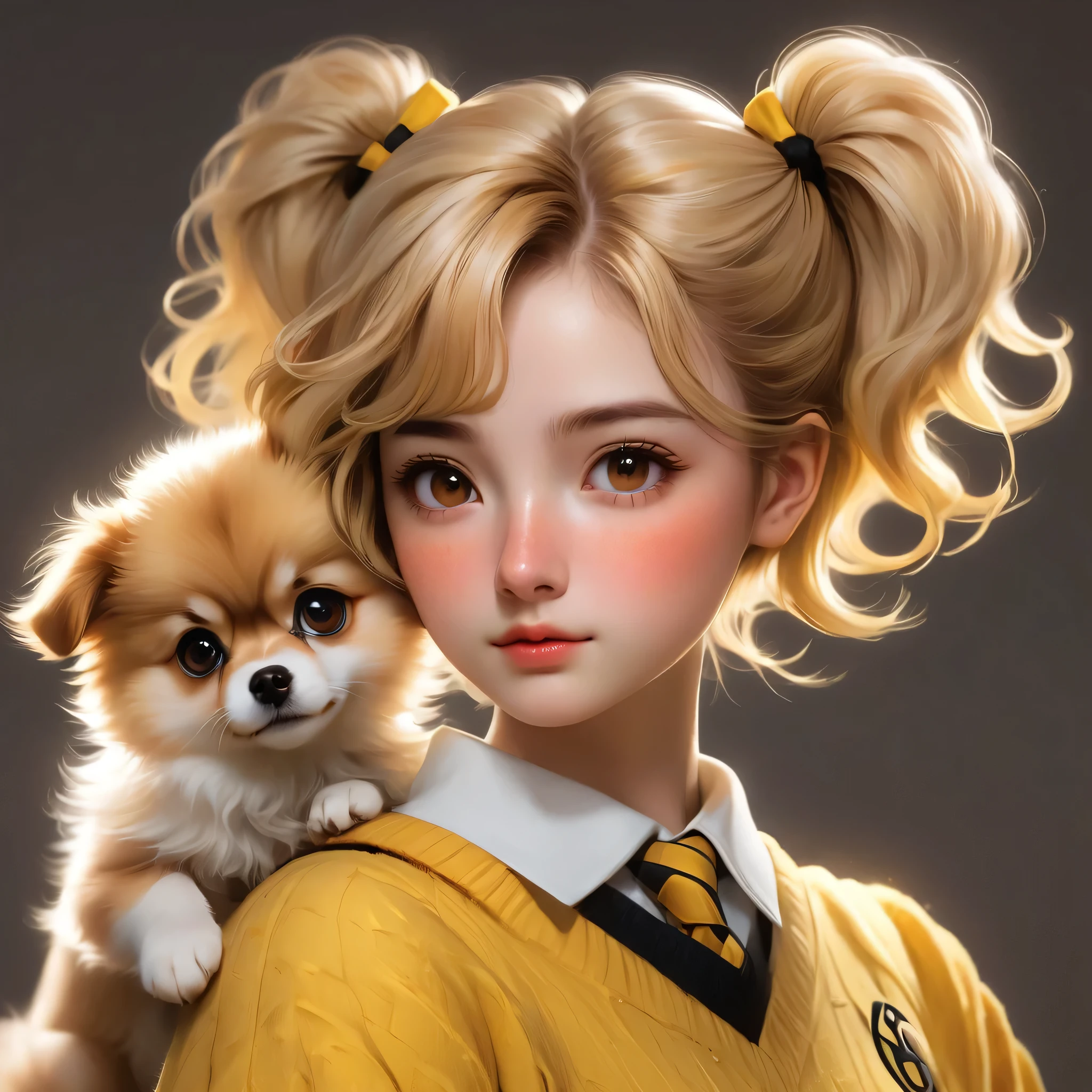 best quality, Masterpiece, Hogwarts students, Hufflepuff, Short hair with high twin tails., Short hair with golden blonde twin tails.., serious, Very stubborn, cute and bright, Freckles on the face, Along with her adorable Pomeranian puppy., brown eyes details, detailed face, Beautiful skin, soft light, mysterious, soft shadow, Fine texture, dynamic light,
