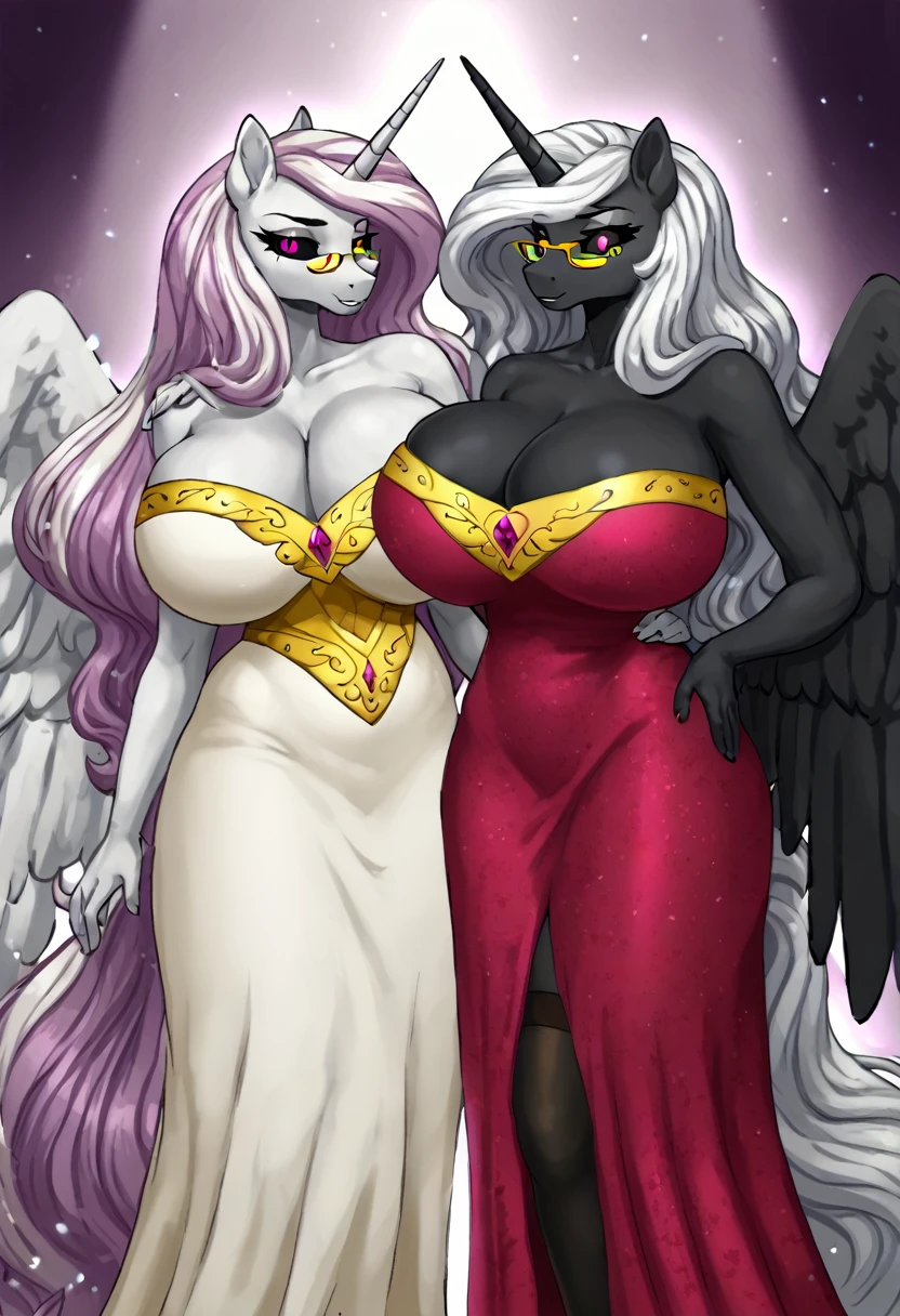 Alicorn princess, white mane,black sclera ,black body color  long flowing  mane pink eyes anthro huge breasts ,mother ,wearing dress,beautiful ,yellow glasses, black stockings sexy 