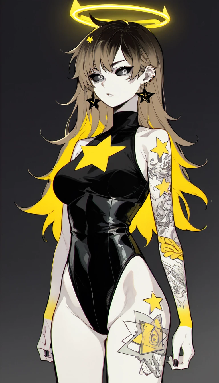 1girl, solo, tall, pale skin, (dark grey eyes, light grey sclera), small pupils, blank expression, neon yellow star themed crown, black long earrings, neck seam, [extremely long pastel brown hair, ((neon yellow inner hair))], neon yellow arm tattoos, (black and white leotard),
Score_9,Score_8,score_7_up,source_anime, rating_questionable