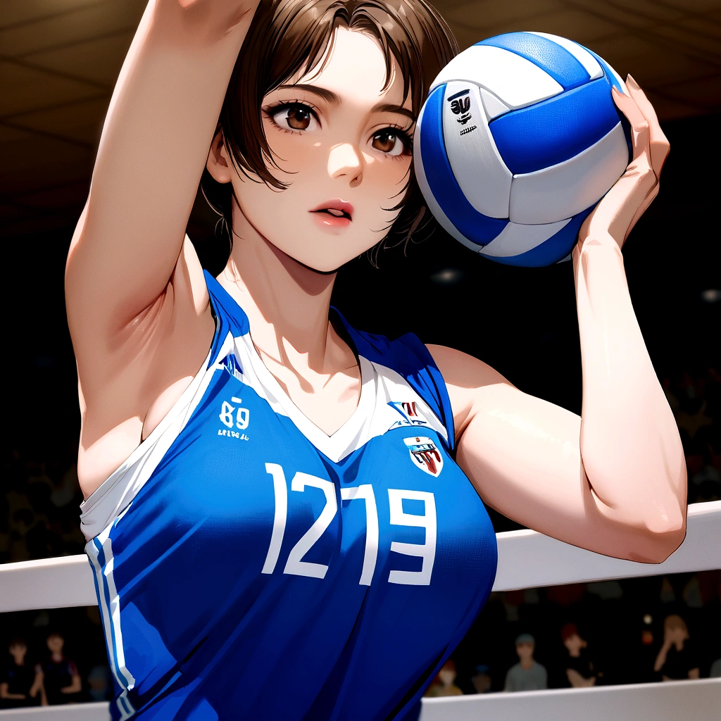 there is a woman holding a volleyball ball in her hand, wearing a volleyball jersey, chiho ashima, Japanese Model, Nishimiya Shoko, mayuri shiina, Masami Suda, Ogata Aoi, erika ikuta, Kazue Kato, volleyball, 