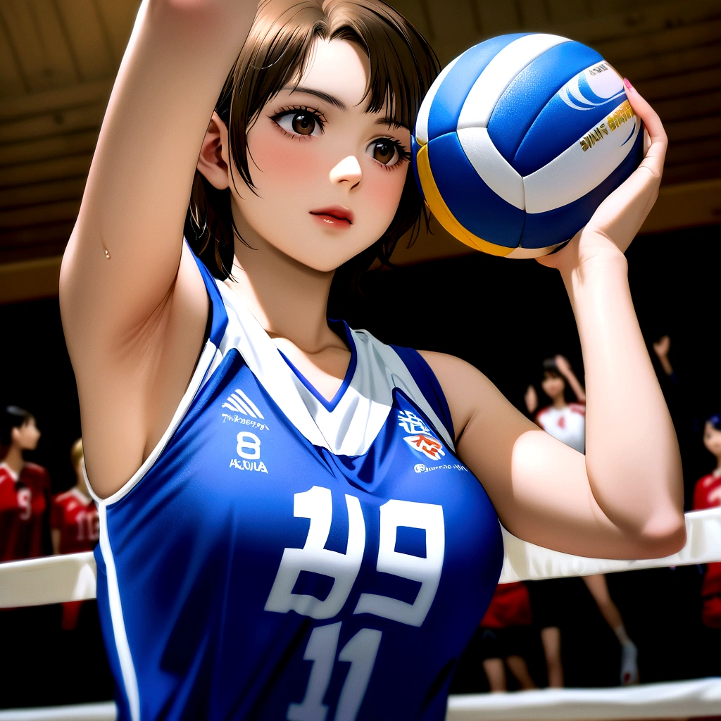 ((((perfect anatomy, anatomically correct, super detailed skin)))), 1 girl, japanese, , volleyball player, shiny skin, watching the view,
beautiful hair, beautiful face, beautiful detailed eyes, brown eyes, (short hair:1.2, bob cut:1.2), babyface, monder eye,
beautiful collarbones, beautiful body, beautiful breasts, beautiful thighs, beautiful legs, large breasts:0.5, seductive thighs, cameltoe, bare arms, bare hands, bottomless,
((symmetrical clothinetallic)), (((buruma), sleeveless volleyball uniform)), break,
smile, volleyball playing pose,
(beautiful scenery), evening, day, ((volleyball gymnasium, volleyball cort)),
(8k, top-quality, masterpiece:1.2, extremely detailed), (photorealistic:1.2), beautiful illustration, natural lighting,