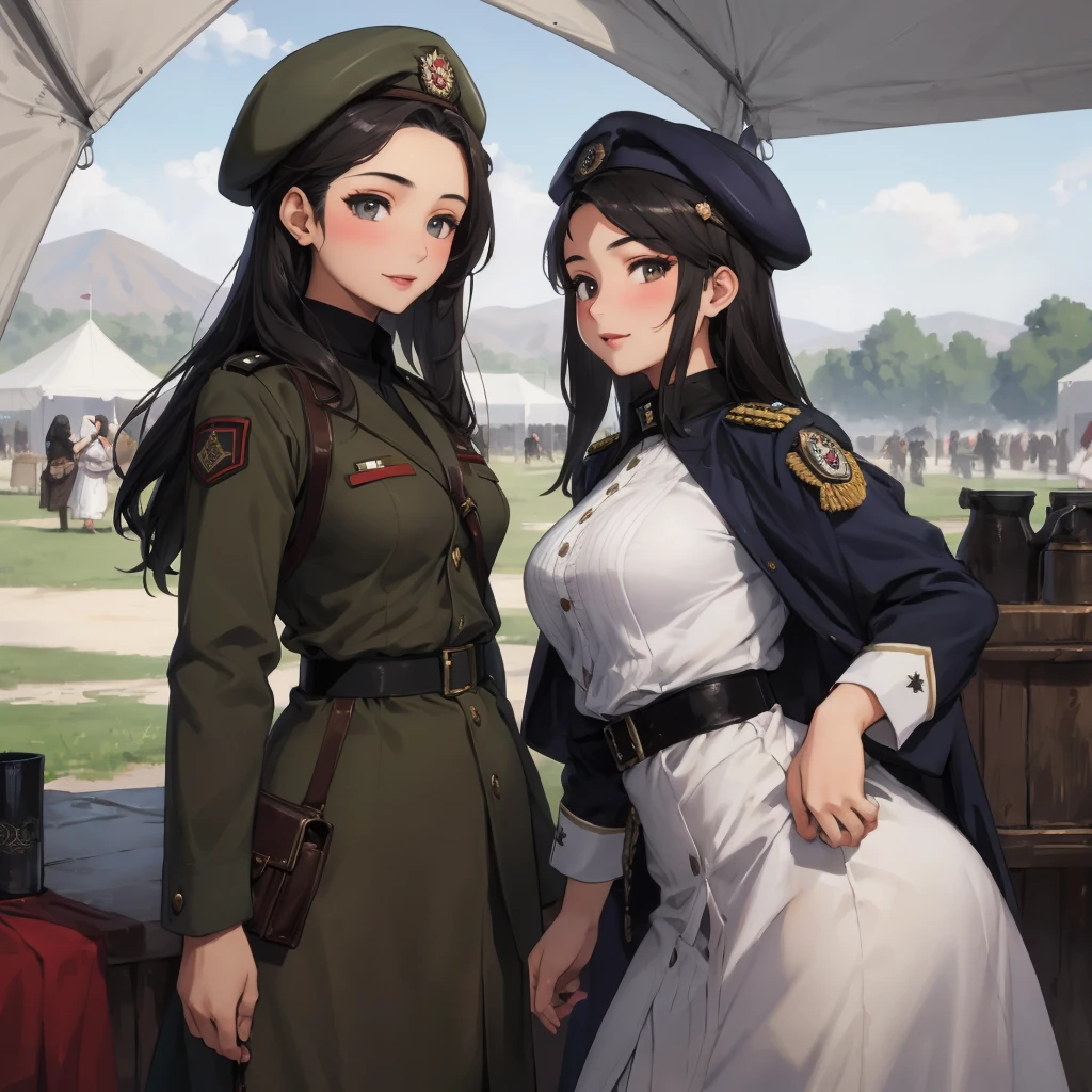 Afghan sexy, 2 girl, (16 years old), in the military tent, shapely, bra, beret, pleased expression, (from front view), (masterpiece, best quality, highly detailed, hyper realistic)