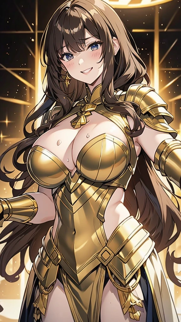 Gold Armor, 4K image, assembly, best quality, masterpiece, movie lighting ,Sexy,Huge Breasts,cleavage,action,In battle,noble,light beam from hand,Golden lightning surrounds,Short brown hair,curls,Blushing,Lipstick,Smile,The palm of the hand is extended towards Henghui,Sweat