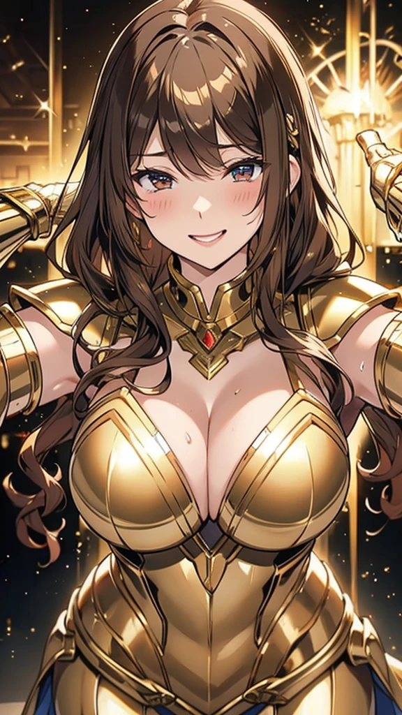 Gold Armor, 4K image, assembly, best quality, masterpiece, movie lighting ,Sexy,Huge Breasts,cleavage,action,In battle,noble,light beam from hand,Golden lightning surrounds,Short brown hair,curls,Blushing,Lipstick,Smile,The palm of the hand is extended towards Henghui,Sweat