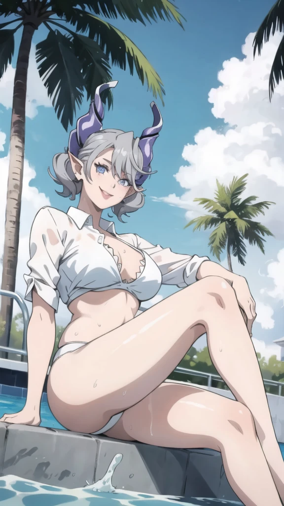 High level image quality best image quality 8K adult woman pool party rain palm trees more colors white body portrait bikini horn ears short hair((shortcut)(gray hair)(perm)(fluffy)) eye color is blue , , attractive evil face , smile , sexy pose , labrynth , barearm , wearing white shade shirt , sitting by the pool , crossed legs , all wet , view from below