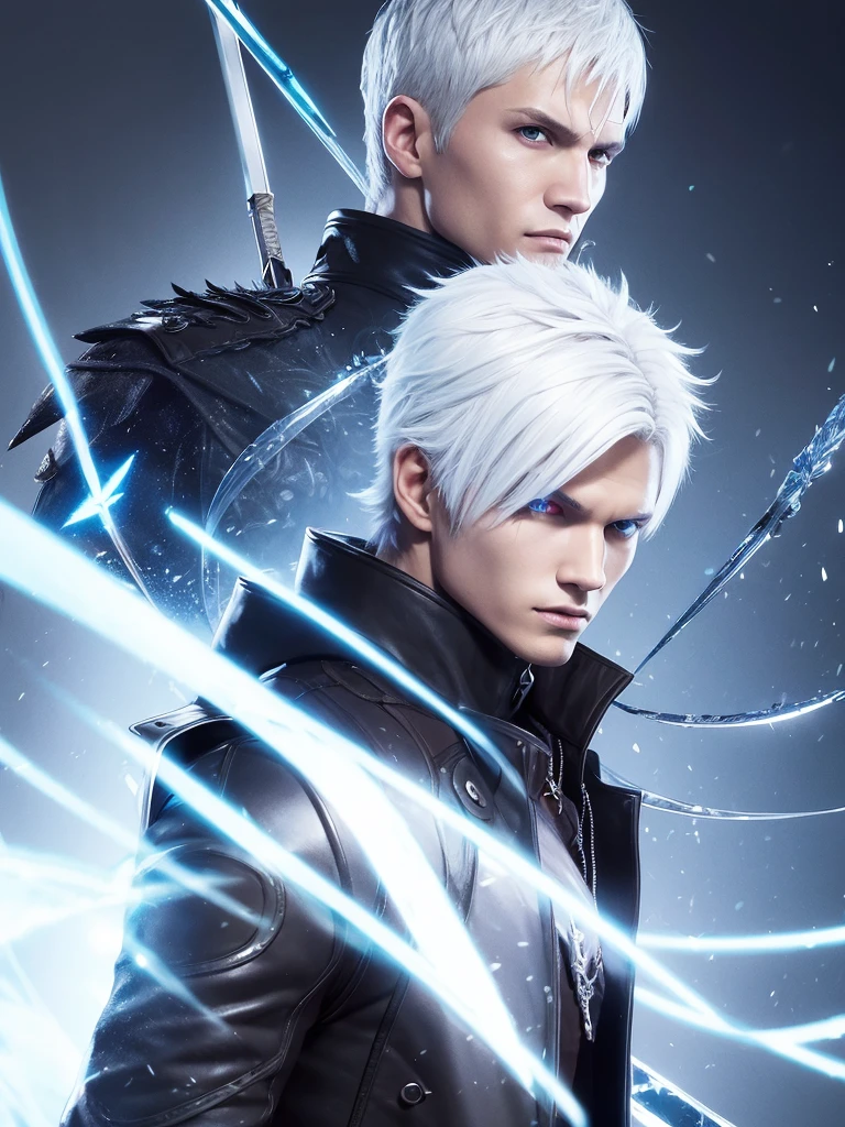 homen,18-years old,ice colored eyes, long white hair, ice power, 