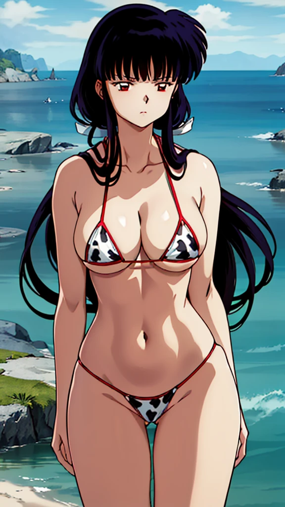 (masterpiece, 4K, Highest quality, anime style: 1.9, Detailed face, Lovely, Ocean,Bold, High resolution, anime, Lake 4. alone, Curvaceous, Thighs, Cleavage, Center of chest, Very slim belly, Cowboy Shot, (Cow print bikini),1 Girl,Inuyasha_Bellflower, Side Lock, dull_hair, Expressionless,Naked in a swimsuit,slender