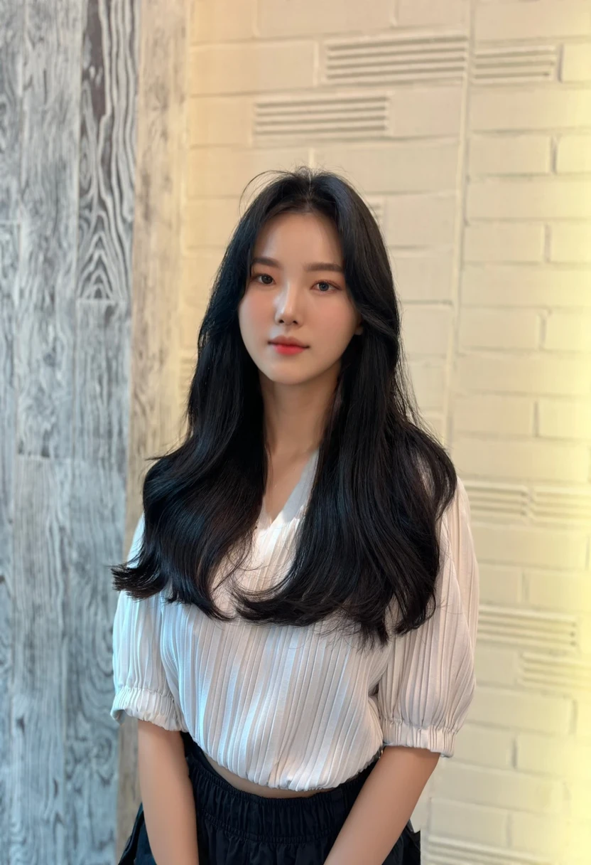 Best Quality, 8k, Masterpiece, (Portrait: 1.3), (photo realistic:1.4), (hyper realistic:1.4), Sharp Focus, looking at viewer, (smoother lighting:1.1), (increase cinematic lighting quality:0.9), realistic lighting, backlighting, light on face, ray trace, (brightening light:1.2), (Increase quality:1.4), sharp detail, (best quality real texture skin:1.4), finely detailed eyes, black_eyes, finely detailed face, 22 year old Korean woman