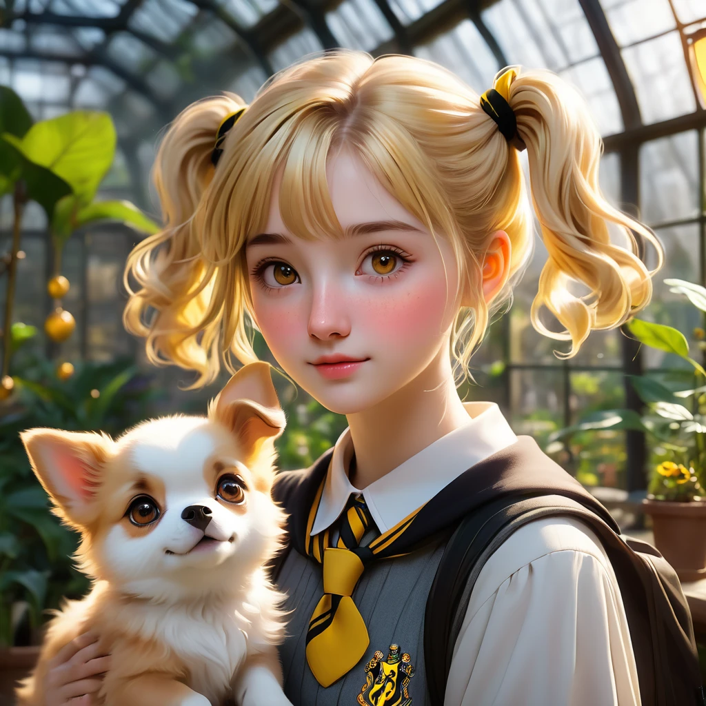 Best quality, masterpiece, Hogwarts student, Hufflepuff, short hair, high twin tails. Short golden blonde twintail hair, serious, very mischievous, cute and bright, with freckles on her face along with her cute puppy in detail. brown eyes A delicate face, beautiful skin, the background is in the Hogwarts greenhouse, soft, mysterious light, soft shadows. Detailed textures, dynamic lighting