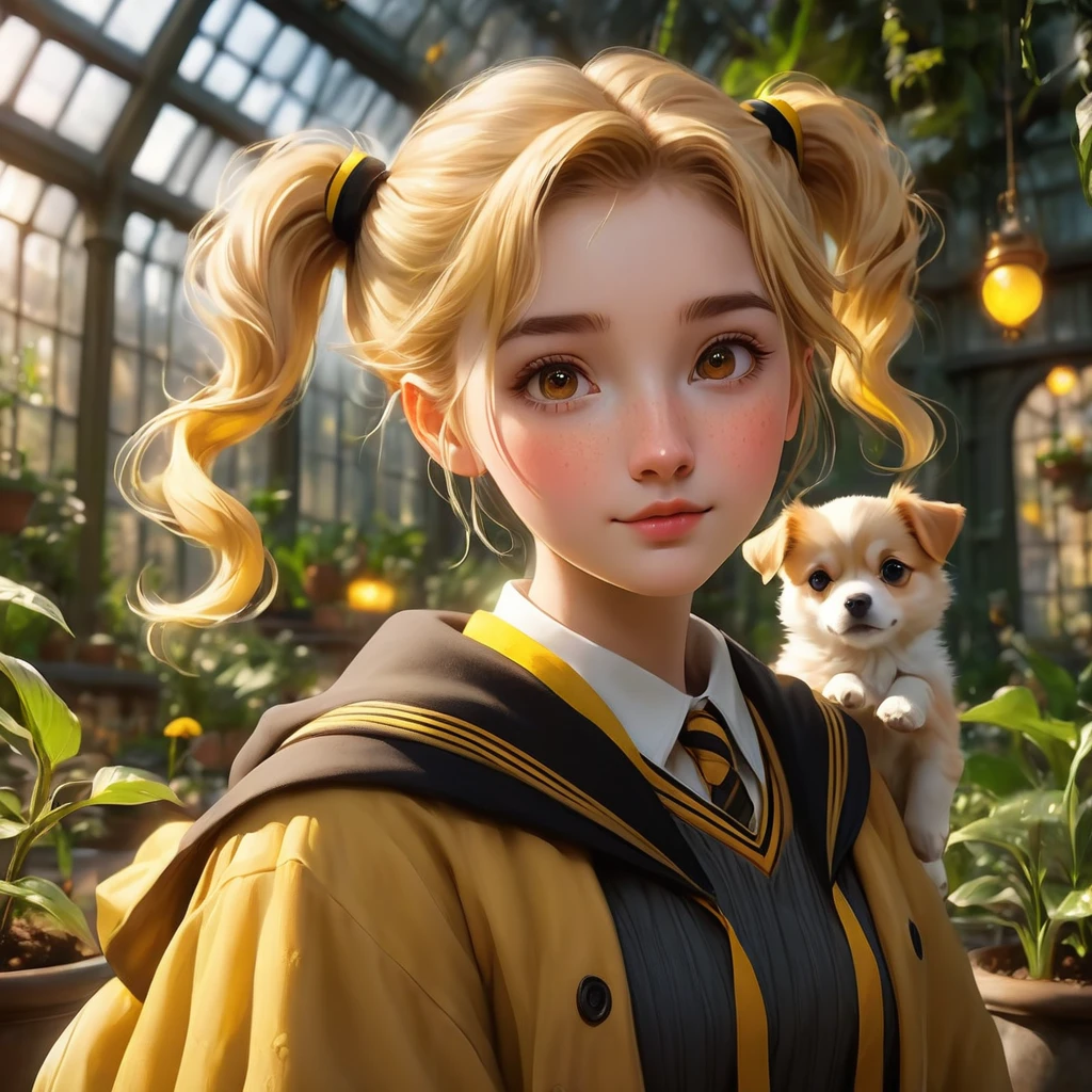 Best quality, masterpiece, Hogwarts student, Hufflepuff, short hair, high twin tails. Short golden blonde twintail hair, serious, very mischievous, cute and bright, with freckles on her face along with her cute puppy in detail. brown eyes A delicate face, beautiful skin, the background is in the Hogwarts greenhouse, soft, mysterious light, soft shadows. Detailed textures, dynamic lighting