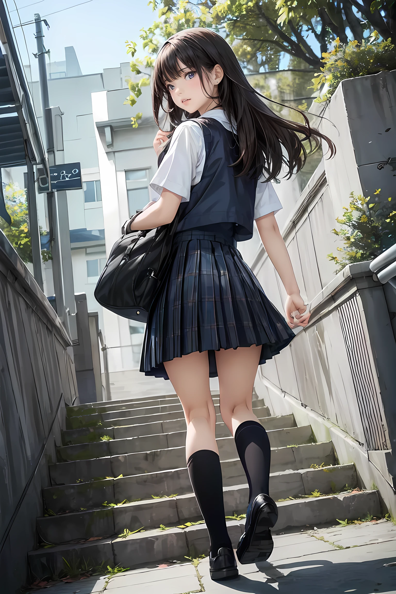 (full body:1.3), (Angle from below:1.3), (ultra detailed eyes), (ultra detailed face), high quality, best image quality, masterpiece, teenage girl, 18 years old, very cute and beautiful girl, (school stairs:1.2), ((school uniform)), (school vest:1.2), (plaid skirt:1.2), school bag, (Dark blue ankle socks:1.2), (Brown Loafers:1.2), medium breasts, medium black hair, soft wavy hair, (smile:1.2), (looking back, from behind:1.3), Natural lighting, Hair fluttering in the wind, ((Finest quality)), ultra high resolution, ultra-detailliert, Meticulous portrayal, ((Best Anime)),