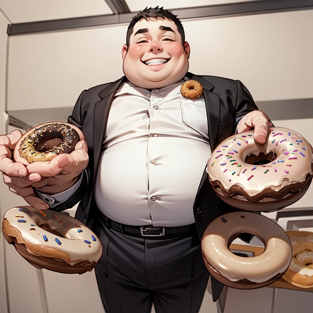 Male solo images、A slightly overweight man in a suit,Eat a donut、Grinning face、A box of donuts on a desk、Office desk background scenery