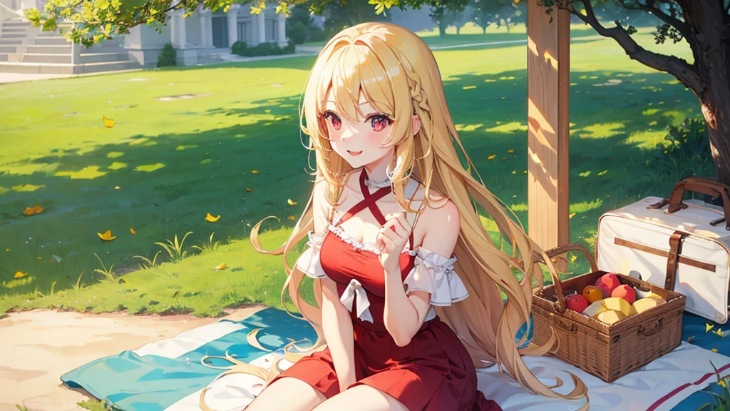 pretty girl, cute, happy, blonde hair, long hair, red eyes, summer, picnic, park
