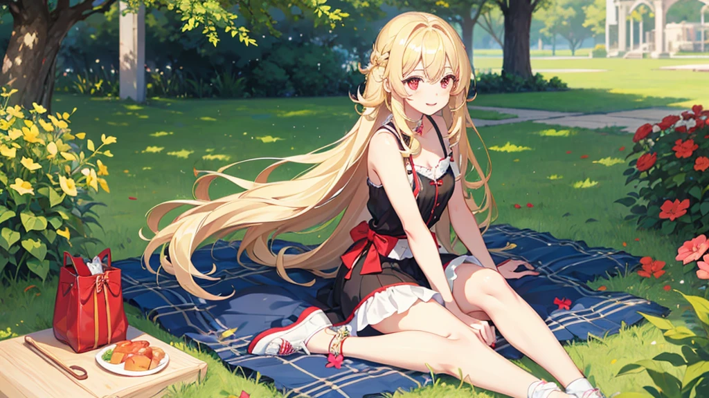 pretty girl, cute, happy, blonde hair, long hair, red eyes, summer, picnic, park