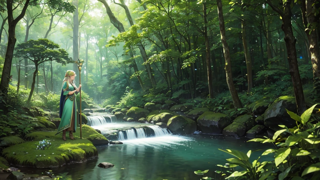 A tranquil forest scene with beautiful dappled sunlight filtering through the trees. An elegant emerald gem-eyed elven woman with long flowing blonde hair and pointed ears is taking a leisurely stroll. Gwaith style. She holds a delicate staff decorated with magical symbols and flowers. In the background, a stream running through the forest adds a sense of tranquility to the scene. The elven woman is enjoying a moment of rest during her adventurous journey, exuding a sense of calm and peace.