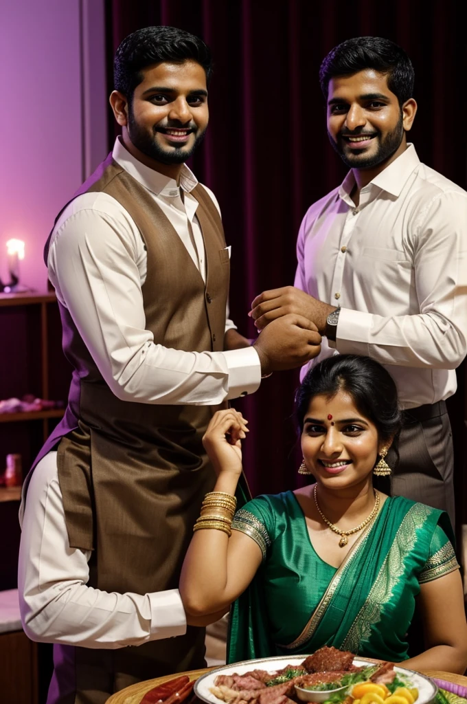 "A person, after eating meat during Eid, tries to wipe his hands on someone else's saree with a smile on his face, while the other person looks somewhat annoyed. In the background, Eid decorations and a food setup can be seen."