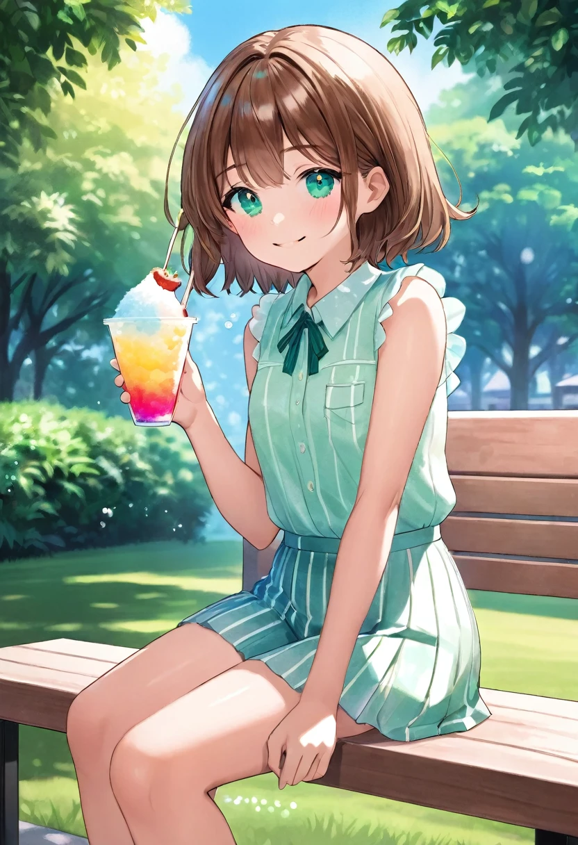 A young girl sits on a wooden bench under the shade of a leafy tree, savoring a bowl of brightly colored shaved ice. Her short, chestnut brown hair frames her face in soft, wispy layers, glinting in the dappled sunlight filtering through the branches above. Her emerald green eyes sparkle with delight, reflecting the vibrant colors of the icy treat.

The girl’s delicate, slender frame is relaxed, and her posture exudes a sense of contentment. She holds the bowl of shaved ice with one hand while the other delicately scoops up a spoonful of the icy confection. Her lips curl into a blissful smile as she enjoys the refreshing sweetness, her cheeks slightly flushed from the heat.

She is dressed in a light summer outfit – a sleeveless top and a pair of shorts – perfect for the warm weather. The fabric is airy and comfortable, allowing her to stay cool despite the high temperatures. The scene is set in a park, with the background featuring lush green trees and a clear, bright blue sky. The sun is high, casting a warm glow over everything, and creating a sharp contrast with the coolness of the shaved ice.

The colors in the scene are vivid and bright, capturing the intensity of a hot summer day. The girl's expression and body language convey pure happiness and relief from the heat, making the observer almost taste the cool sweetness of the shaved ice themselves. The overall atmosphere is one of joy and refreshment, perfectly encapsulating the simple pleasures of a summer day.