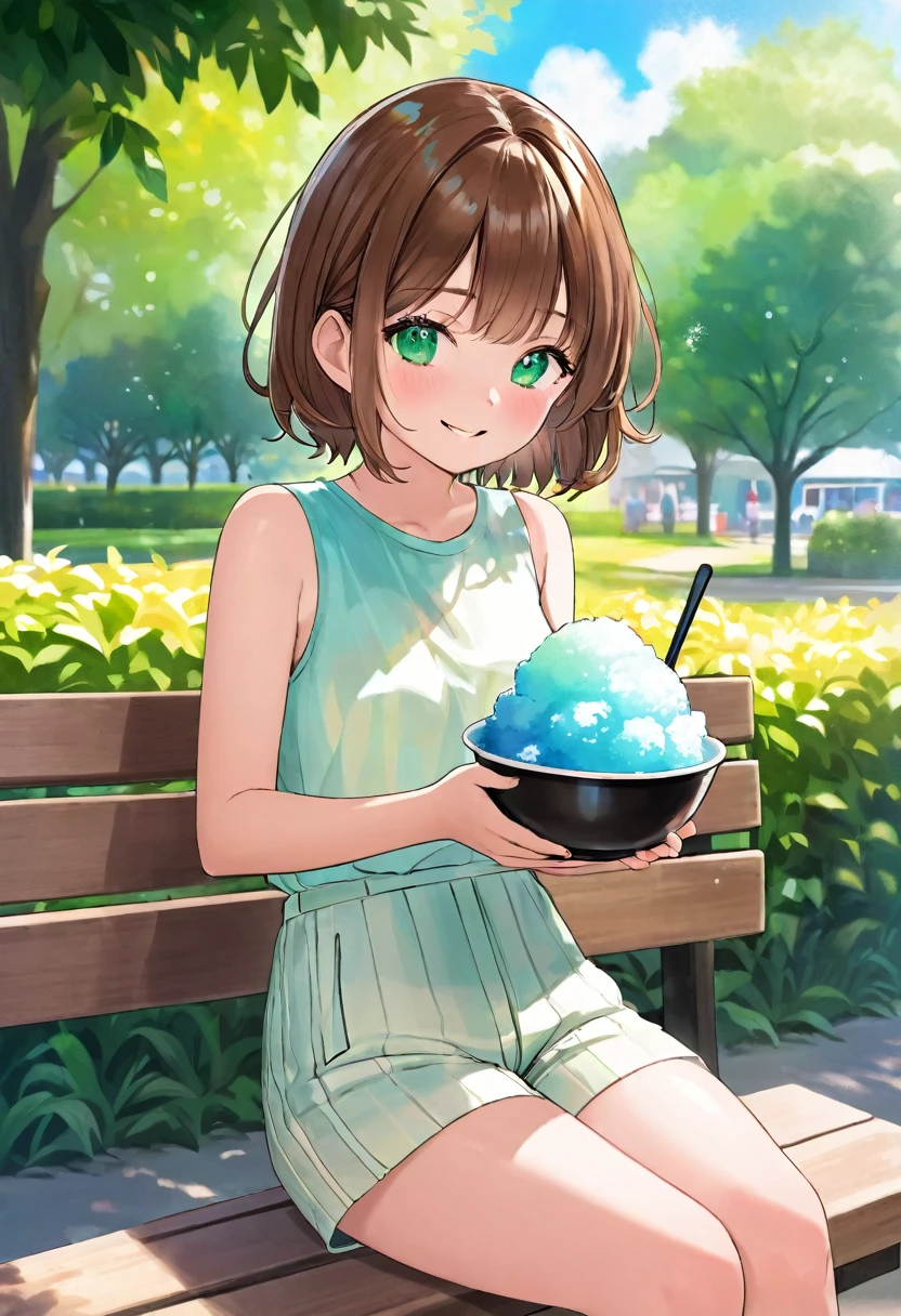 A young girl sits on a wooden bench under the shade of a leafy tree, savoring a bowl of brightly colored shaved ice. Her short, chestnut brown hair frames her face in soft, wispy layers, glinting in the dappled sunlight filtering through the branches above. Her emerald green eyes sparkle with delight, reflecting the vibrant colors of the icy treat.
The girl’s delicate, slender frame is relaxed, and her posture exudes a sense of contentment. She holds the bowl of shaved ice with one hand while the other delicately scoops up a spoonful of the icy confection. Her lips curl into a blissful smile as she enjoys the refreshing sweetness, her cheeks slightly flushed from the heat.
She is dressed in a light summer outfit – a sleeveless top and a pair of shorts – perfect for the warm weather. The fabric is airy and comfortable, allowing her to stay cool despite the high temperatures. The scene is set in a park, with the background featuring lush green trees and a clear, bright blue sky. The sun is high, casting a warm glow over everything, and creating a sharp contrast with the coolness of the shaved ice.
The colors in the scene are vivid and bright, capturing the intensity of a hot summer day. The girl's expression and body language convey pure happiness and relief from the heat, making the observer almost taste the cool sweetness of the shaved ice themselves. The overall atmosphere is one of joy and refreshment, perfectly encapsulating the simple pleasures of a summer day.